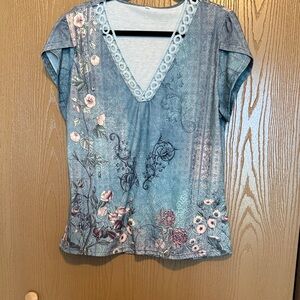 Floral V-Neck Blouse in Blue and Pink
